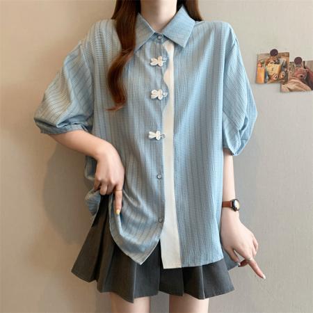 BY12574# 新款韩版宽松条纹短袖开衫衬衣胖妹妹显瘦女装上衣 服裝批發女裝批發服飾貨源