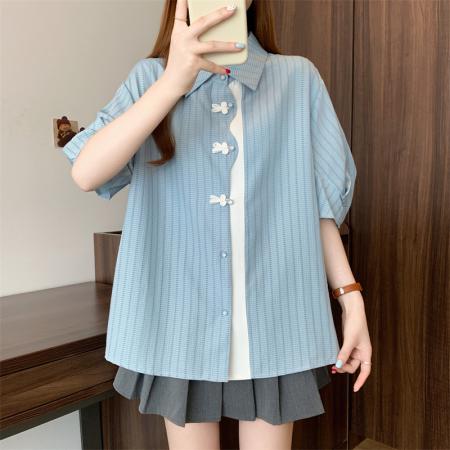 BY12574# 新款韩版宽松条纹短袖开衫衬衣胖妹妹显瘦女装上衣 服裝批發女裝批發服飾貨源