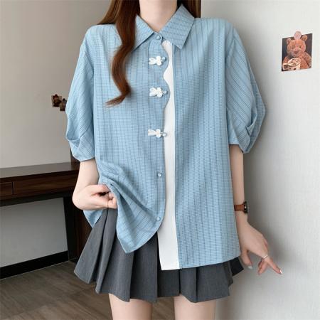 BY12574# 新款韩版宽松条纹短袖开衫衬衣胖妹妹显瘦女装上衣 服裝批發女裝批發服飾貨源