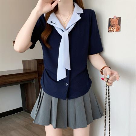 BY12576# 夏季新款韩版大码女装设计感学院女装短袖上衣T恤小衫 服裝批發女裝批發服飾貨源