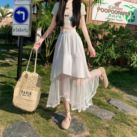 BY12577# 不规则纱裙半身裙子女夏季新款高腰垂感网纱超好看半裙 服裝批發女裝批發服飾貨源