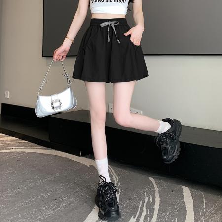 BY12578# 夏休闲纯色阔腿裤宽松型甜美速干短裤高腰韩版荷叶边裙裤 服裝批發女裝批發服飾貨源