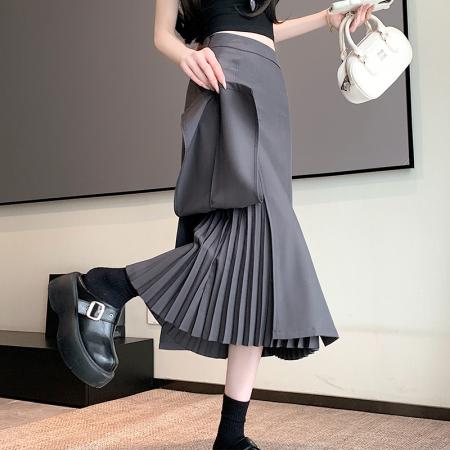 BY12580# 春夏季黑色半身裙女高腰时尚西装裙中长款开叉显瘦百褶裙 服裝批發女裝批發服飾貨源