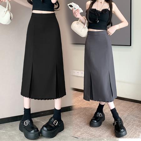 BY12580# 春夏季黑色半身裙女高腰时尚西装裙中长款开叉显瘦百褶裙 服裝批發女裝批發服飾貨源