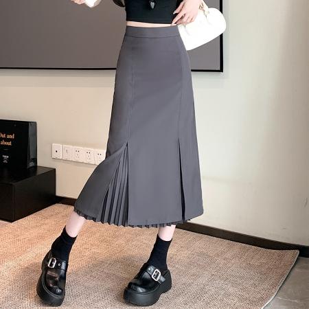 BY12580# 春夏季黑色半身裙女高腰时尚西装裙中长款开叉显瘦百褶裙 服裝批發女裝批發服飾貨源