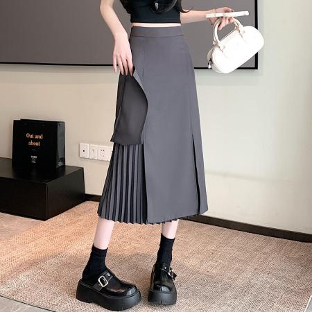 BY12580# 春夏季黑色半身裙女高腰时尚西装裙中长款开叉显瘦百褶裙 服裝批發女裝批發服飾貨源