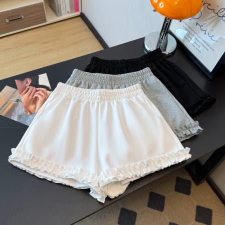 黑色木耳边运动短裤女春新款高腰显廋A字休闲百搭阔腿裤 服裝批發女裝批發服飾貨源