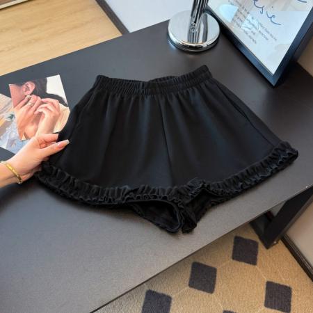 BY12581# 黑色木耳边运动短裤女春新款高腰显廋A字休闲百搭阔腿裤 服裝批發女裝批發服飾貨源