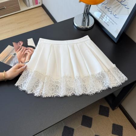 BY12582# 蕾丝花边拼接百褶半身裙女春季新款减龄气质西装A字短裙 服裝批發女裝批發服飾貨源
