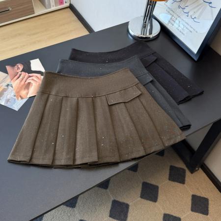 学院风灰色百褶半身裙女春新款亮片气质减龄显瘦A字短裙 服裝批發女裝批發服飾貨源