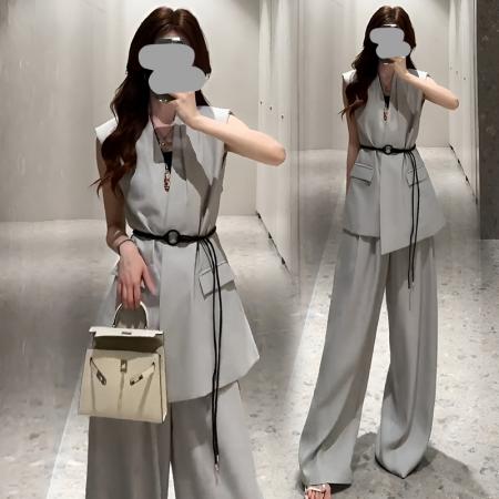 BY12584# 轻熟时尚收腰马甲阔腿裤套装女新款韩系高级穿搭两件套 服裝批發女裝批發服飾貨源