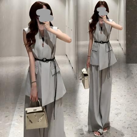 BY12584# 轻熟时尚收腰马甲阔腿裤套装女新款韩系高级穿搭两件套 服裝批發女裝批發服飾貨源
