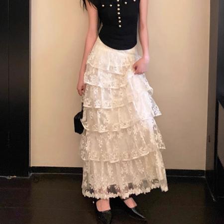 春季超仙气温柔甜美高腰蕾丝半身裙女新款显瘦A字蓬蓬蛋糕裙 服裝批發女裝批發服飾貨源