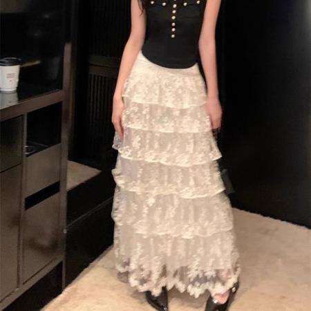 BY12585# 春季超仙气温柔甜美高腰蕾丝半身裙女新款显瘦A字蓬蓬蛋糕裙 服裝批發女裝批發服飾貨源