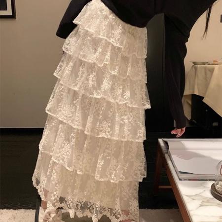 BY12585# 春季超仙气温柔甜美高腰蕾丝半身裙女新款显瘦A字蓬蓬蛋糕裙 服裝批發女裝批發服飾貨源