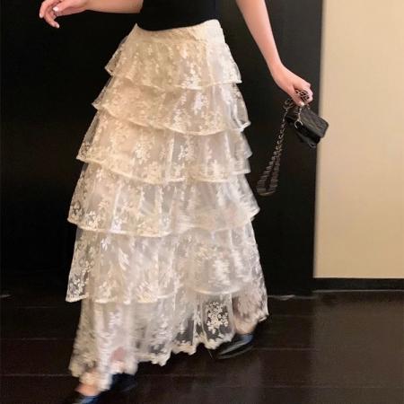 BY12585# 春季超仙气温柔甜美高腰蕾丝半身裙女新款显瘦A字蓬蓬蛋糕裙 服裝批發女裝批發服飾貨源