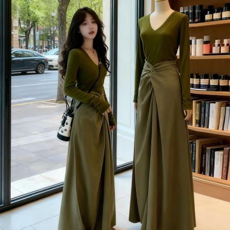 BY12588# 韩系巨好看ootd穿搭一整套早春新款绿色长袖连衣裙女两件套装 服裝批發女裝批發服飾貨源