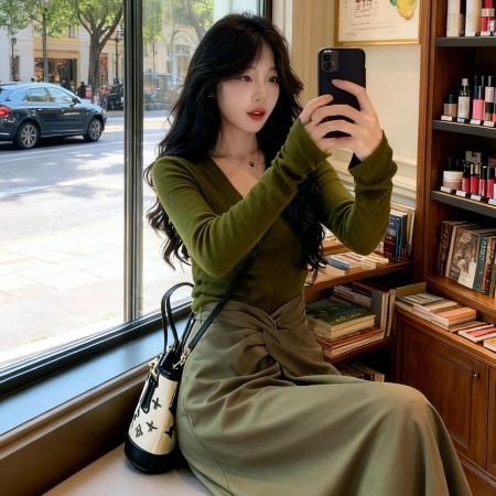 BY12588# 韩系巨好看ootd穿搭一整套早春新款绿色长袖连衣裙女两件套装 服裝批發女裝批發服飾貨源