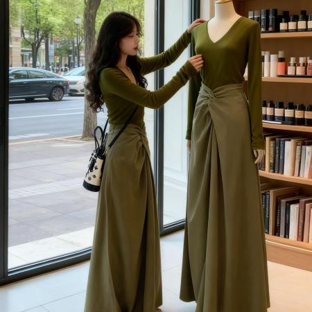 BY12588# 韩系巨好看ootd穿搭一整套早春新款绿色长袖连衣裙女两件套装 服裝批發女裝批發服飾貨源