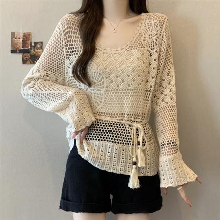 BY12589# 大码春夏新款钩花镂空防晒针织衫女长袖上衣外搭罩衫 服裝批發女裝批發服飾貨源