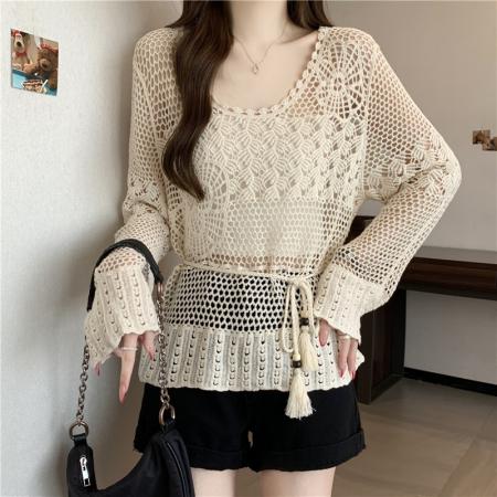 BY12589# 大码春夏新款钩花镂空防晒针织衫女长袖上衣外搭罩衫 服裝批發女裝批發服飾貨源