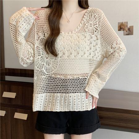 BY12589# 大码春夏新款钩花镂空防晒针织衫女长袖上衣外搭罩衫 服裝批發女裝批發服飾貨源