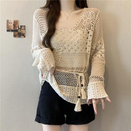 BY12589# 大码春夏新款钩花镂空防晒针织衫女长袖上衣外搭罩衫 服裝批發女裝批發服飾貨源