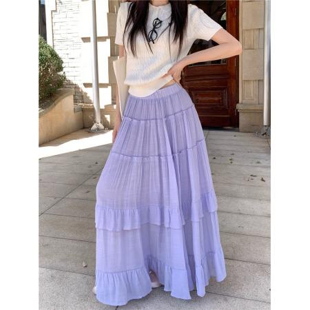 大码春季新款棉麻半身裙女垂坠感大摆裙宽松荷叶边长裙 服裝批發女裝批發服飾貨源