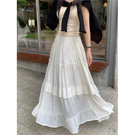 BY12591# 大码春季新款棉麻半身裙女垂坠感大摆裙宽松荷叶边长裙 服裝批發女裝批發服飾貨源