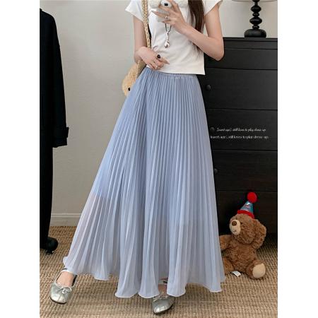 BY12592# 大码春夏新款雪纺半身裙垂感高腰显廋大摆百褶裙A字长裙 服裝批發女裝批發服飾貨源