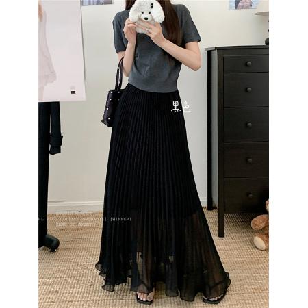 BY12592# 大码春夏新款雪纺半身裙垂感高腰显廋大摆百褶裙A字长裙 服裝批發女裝批發服飾貨源