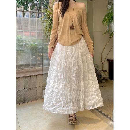 大码春季新款法式褶皱拼接A字半身裙气质百搭显廋中长裙 服裝批發女裝批發服飾貨源