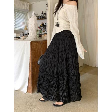 BY12593# 大码春季新款法式褶皱拼接A字半身裙气质百搭显廋中长裙 服裝批發女裝批發服飾貨源