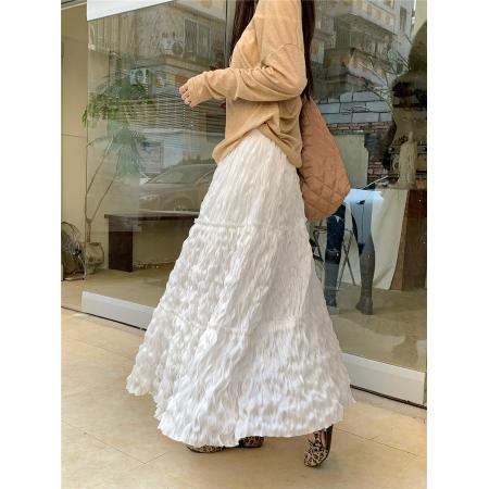 BY12593# 大码春季新款法式褶皱拼接A字半身裙气质百搭显廋中长裙 服裝批發女裝批發服飾貨源