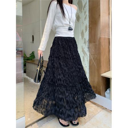 BY12593# 大码春季新款法式褶皱拼接A字半身裙气质百搭显廋中长裙 服裝批發女裝批發服飾貨源