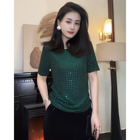 BY12594# 圆领烫钻百搭短袖女夏季新款高级感洋气小衫百搭时尚上衣潮 服裝批發女裝批發服飾貨源