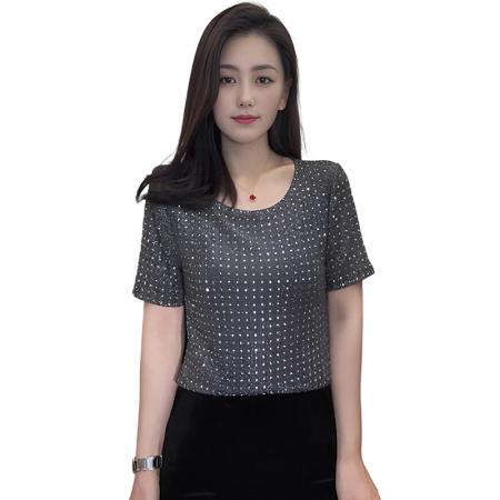 BY12594# 圆领烫钻百搭短袖女夏季新款高级感洋气小衫百搭时尚上衣潮 服裝批發女裝批發服飾貨源