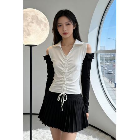 BY12595# 春季韩版洋气不规则女上衣长袖拼色T恤反领时尚小衫现S-XXL 服裝批發女裝批發服飾貨源