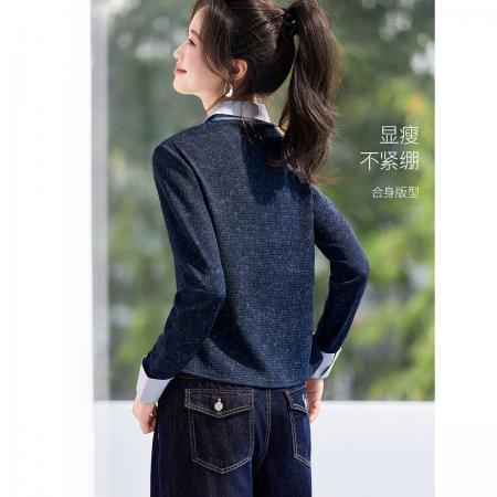 BY12596# 百搭纸片人衬衫春夏季款V领假两件撞色拼接修身衬衫 服裝批發女裝批發服飾貨源