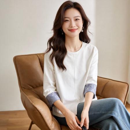 BY12597# 撞色拼接腰果花翻边袖棉感t恤女春季新款圆领七分袖上衣女 服裝批發女裝批發服飾貨源