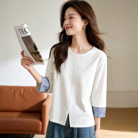 BY12597# 撞色拼接腰果花翻边袖棉感t恤女春季新款圆领七分袖上衣女 服裝批發女裝批發服飾貨源