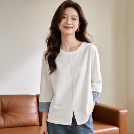 BY12597# 撞色拼接腰果花翻边袖棉感t恤女春季新款圆领七分袖上衣女 服裝批發女裝批發服飾貨源