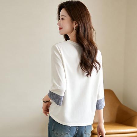 BY12597# 撞色拼接腰果花翻边袖棉感t恤女春季新款圆领七分袖上衣女 服裝批發女裝批發服飾貨源