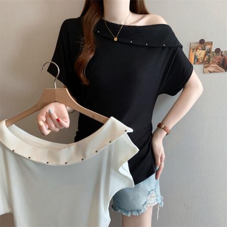 BY12598# 大码女装微胖mm夏季设计感斜领露肩收褶上衣气质显瘦短袖T桖 服裝批發女裝批發服飾貨源