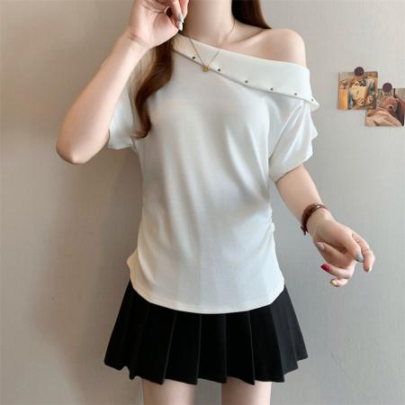 BY12598# 大码女装微胖mm夏季设计感斜领露肩收褶上衣气质显瘦短袖T桖 服裝批發女裝批發服飾貨源