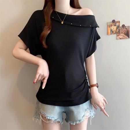 BY12598# 大码女装微胖mm夏季设计感斜领露肩收褶上衣气质显瘦短袖T桖 服裝批發女裝批發服飾貨源