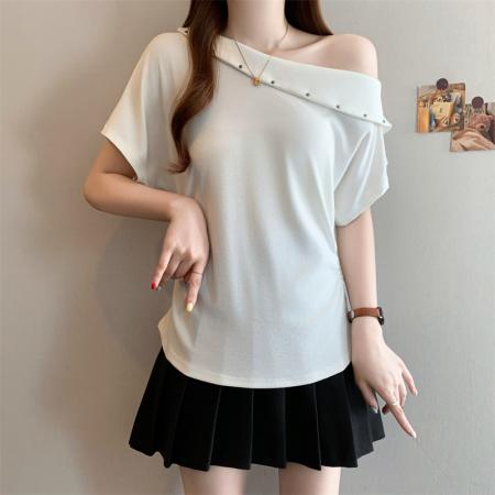 BY12598# 大码女装微胖mm夏季设计感斜领露肩收褶上衣气质显瘦短袖T桖 服裝批發女裝批發服飾貨源