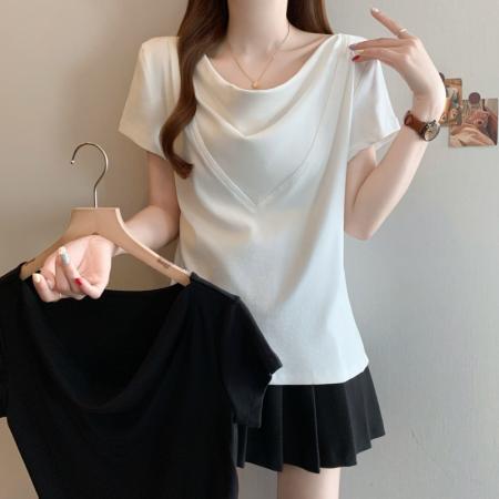 大码女装微胖mm夏季设计感荡领正肩上衣简约百搭显瘦短袖T桖 服裝批發女裝批發服飾貨源