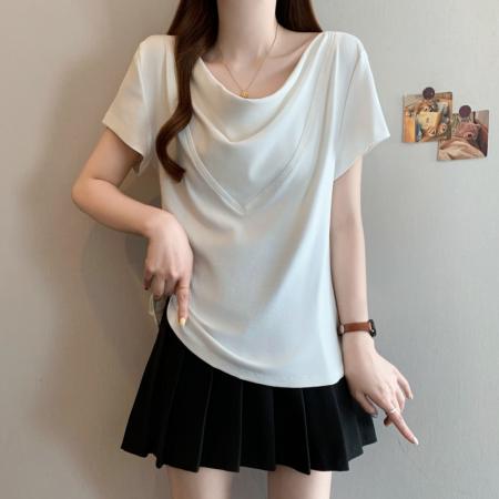 BY12599# 大码女装微胖mm夏季设计感荡领正肩上衣简约百搭显瘦短袖T桖 服裝批發女裝批發服飾貨源