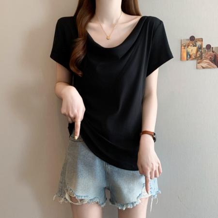 BY12599# 大码女装微胖mm夏季设计感荡领正肩上衣简约百搭显瘦短袖T桖 服裝批發女裝批發服飾貨源
